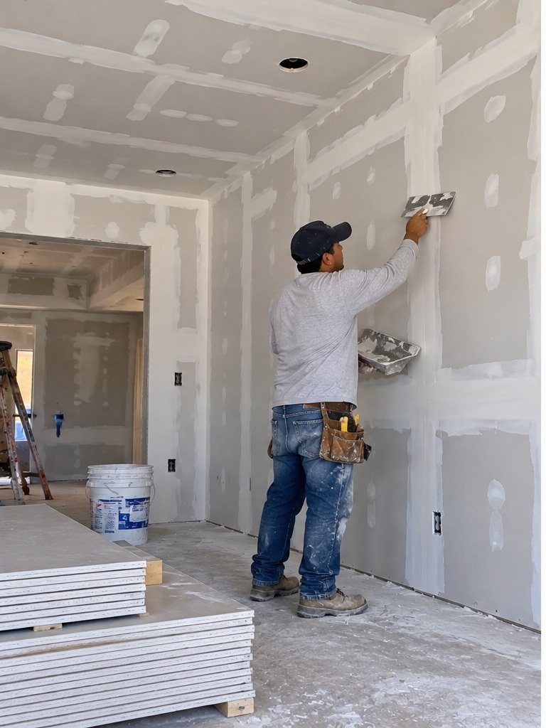 RC Demolition crew finishing drywall seams on a commercial interior